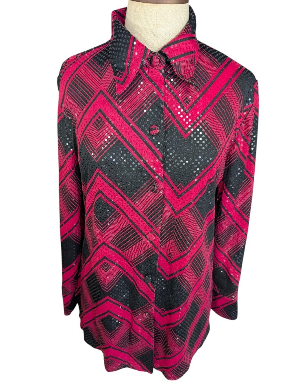 Vintage 80s Sole Dior Studio Fuschia, Black Sequin Abstract Blouse. Large/ XL
